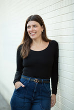 Load image into Gallery viewer, Georgia Rose Label Rose Long-Sleeve Bodysuit Black with Build in Shelf Bra, Scoop Neck and low Scoop Back