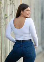 Load image into Gallery viewer, Georgia Rose Label, Rose Body-suit in White has long-sleeves and a built-in shelf bra, scoop neckline and low scoop back.