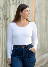 Load image into Gallery viewer, Georgia Rose Label, Rose Body-suit in White has long-sleeves and a built-in shelf bra, scoop neckline and low scoop back.