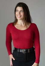 Load image into Gallery viewer, Georgia Rose Label, Rose Bodysuit Red has long-sleeves and a built -in shelf bra, a scoop neckline and a low scoop back
