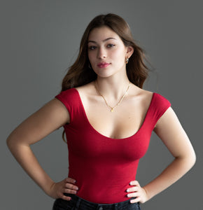 Georgia Rose Label, Georgia Bodysuit Red with low scoop sweetheart neckline, cap sleeve, low scoop back and built in shelf bra